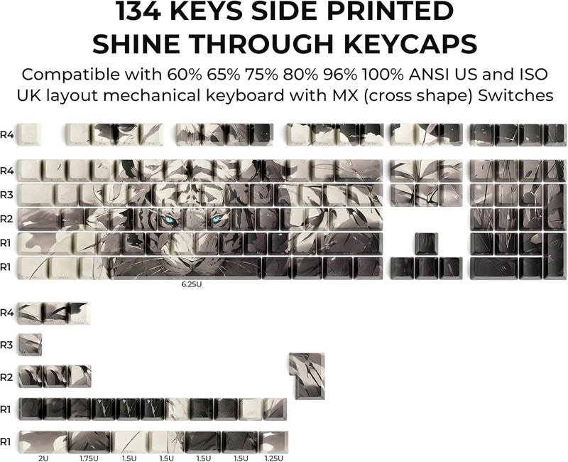 GMKWTL أغطية مفاتيح XVX Tiger Double Shot PBT، مجموعة أغطية مفاتيح مطبوعة من الجانبين، مناسبة لأغطية مفاتيح لوحة المفاتيح بروفايل شيري، صبغ صبغ بالألوان، مناسبة للوحة المفاتيح 60% 65% 75% 80% 96% 100% - Image 2